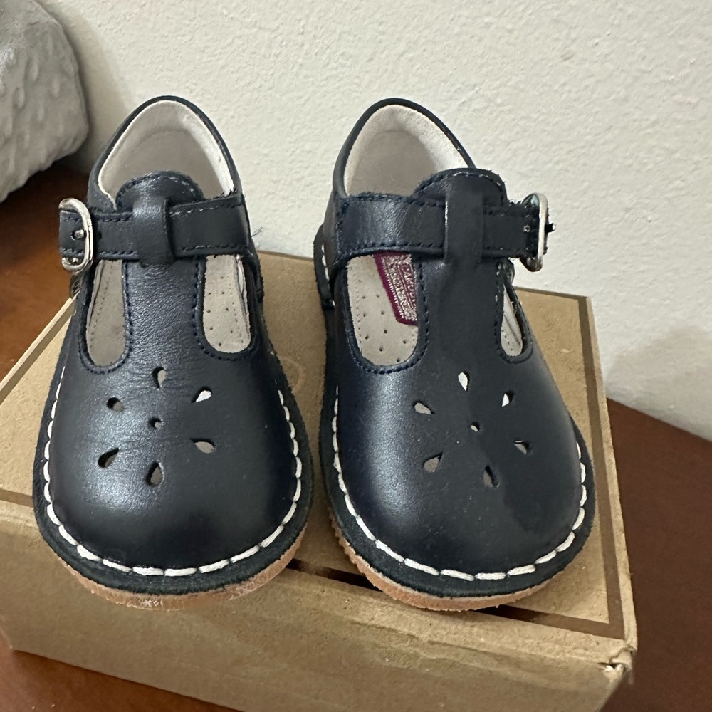 L'Amour Navy Leather T-Strap Dress Shoes for Kids